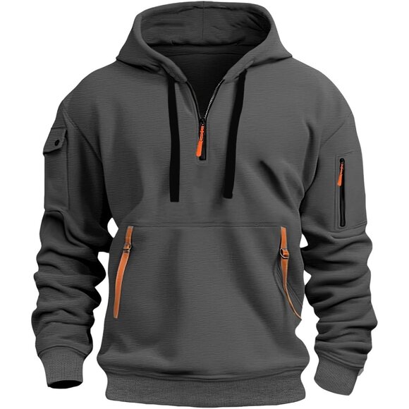 Men Gray Fleece Sweatshirts Lightweight Stitching Color Zipper Fashion Hoodies - Picture 1 of 2